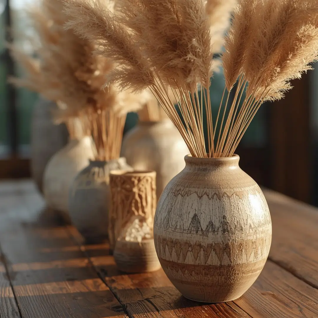 Artisan ceramic vase collection with dried pampas grass arrangement